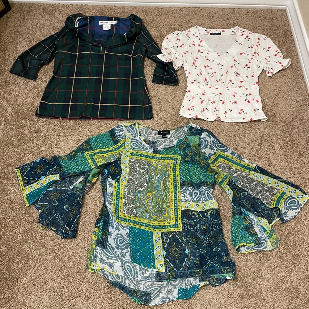 3pc Bundle Women’s S Green Paisley Plaid & Floral Blouses Tops
